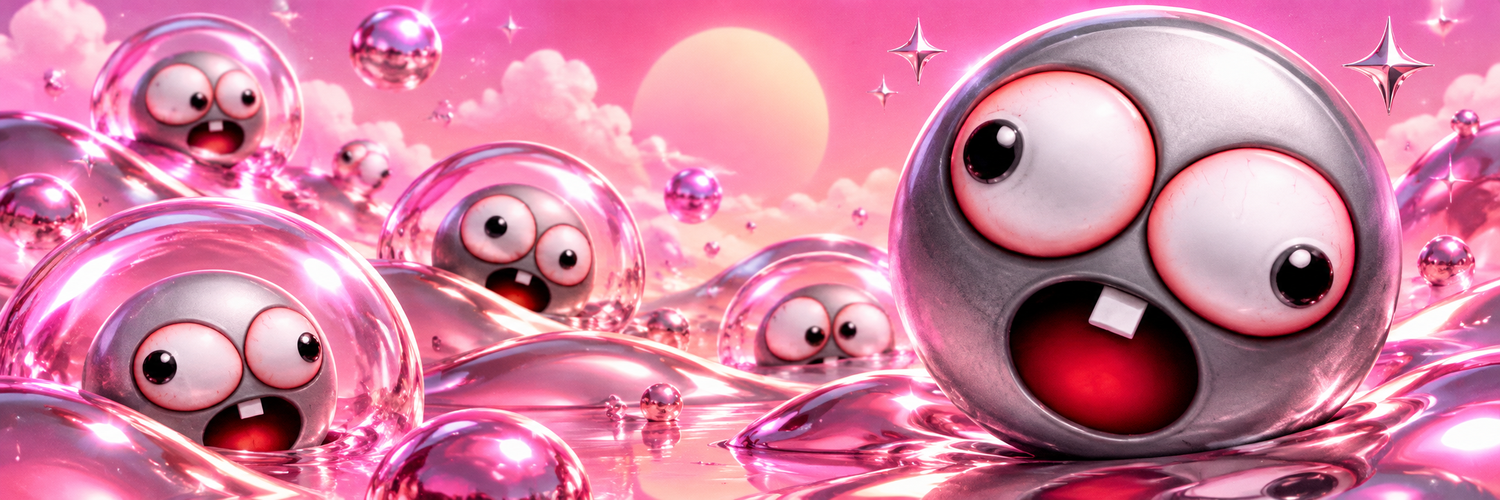 RETLI faces lost in a surreal landscape of chrome bubbles and pink clouds
