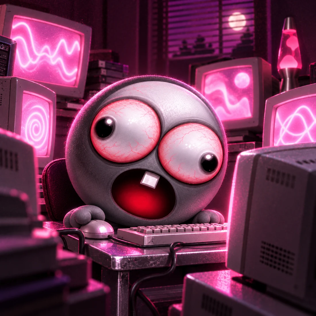 RETLI staring at glowing pink monitors during an extremely unproductive night shift
