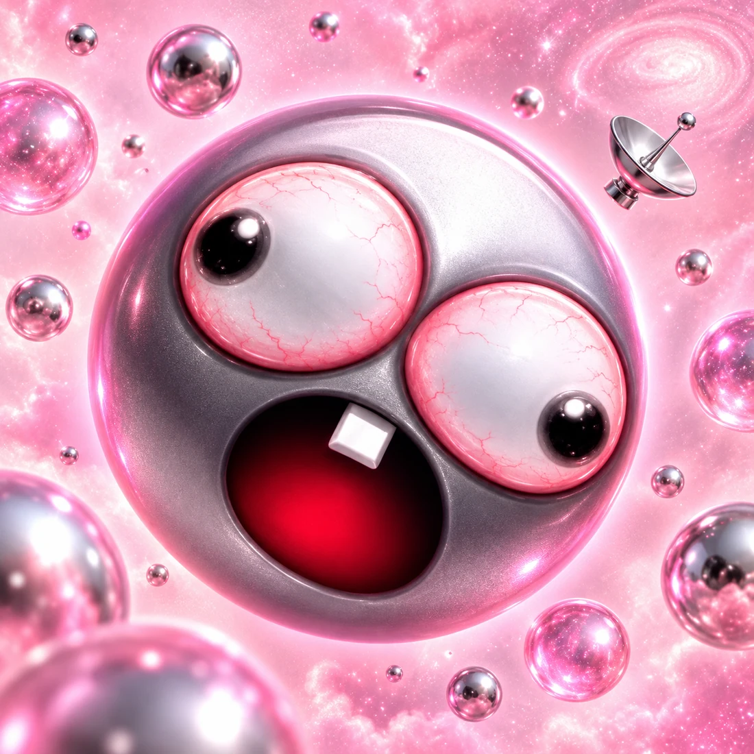 RETLI floating among chrome bubbles in a pink cosmic void